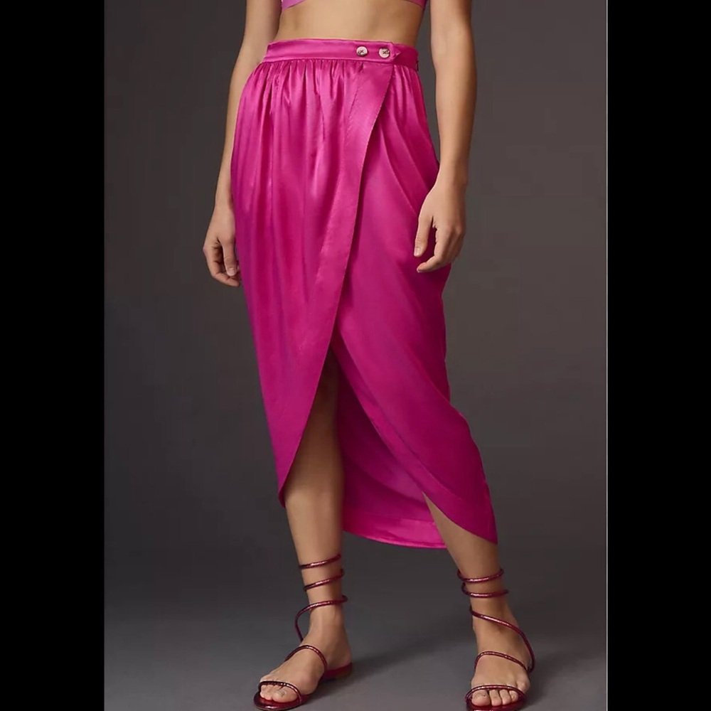 Maeve Women Tulip Satin Long Skirt 2 Anthropologie Pink Front Wrap Barbiecore